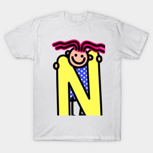 Letter N for girls alphabet Kids Colorful Cartoon Character T-Shirt